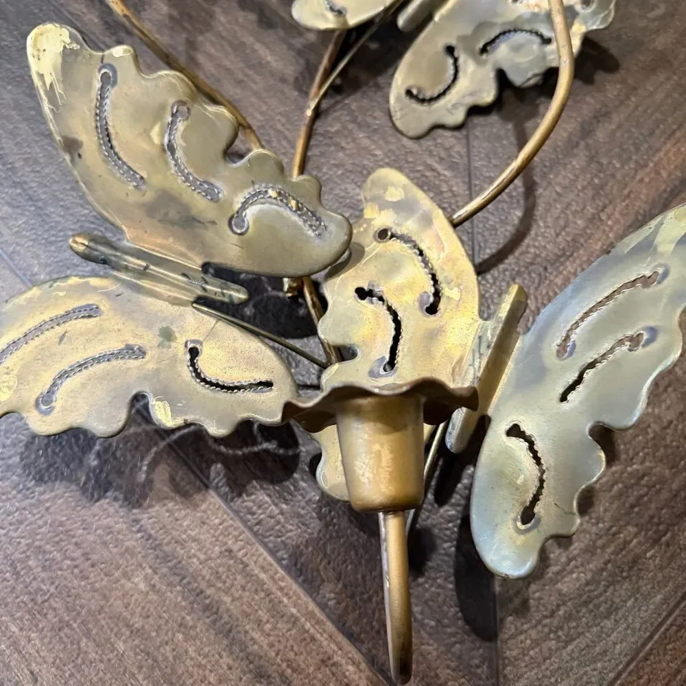 Vintage MCM Brass Butterfly Candle Holder Scone Wall Hanging Decor